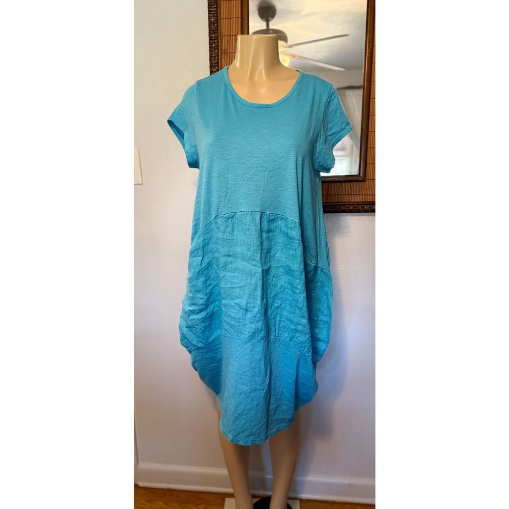 Liabella Turquoise Linen Cotton Blend Dress OS Made in Italy Lagenlook pockets